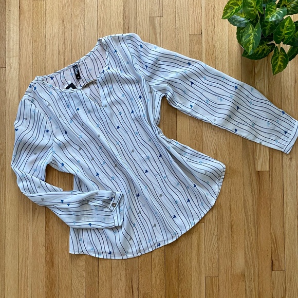 MWT Jade Ladder Front White Navy Stripe Print Convertible Sleeves Blouse Size S - Picture 2 of 9